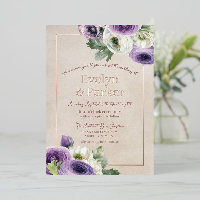 Purple and White Ranunculus with Rose Gold Wedding (Standing Front)