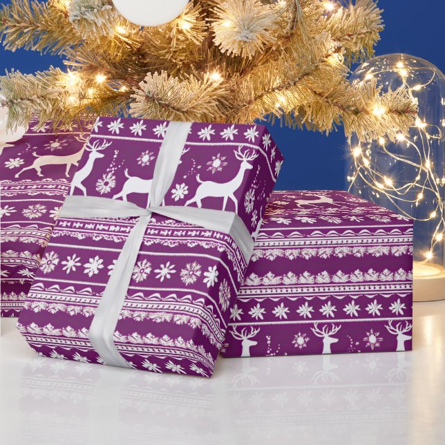 Purple and White Reindeer Floral Modern Christmas Wrapping Paper (Holidays)