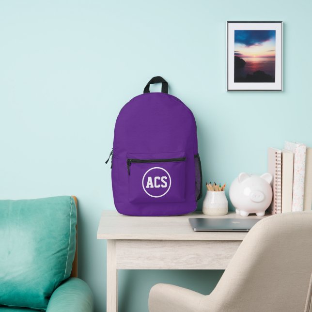 Purple and White School Colors and Letters Printed Backpack (Insitu)