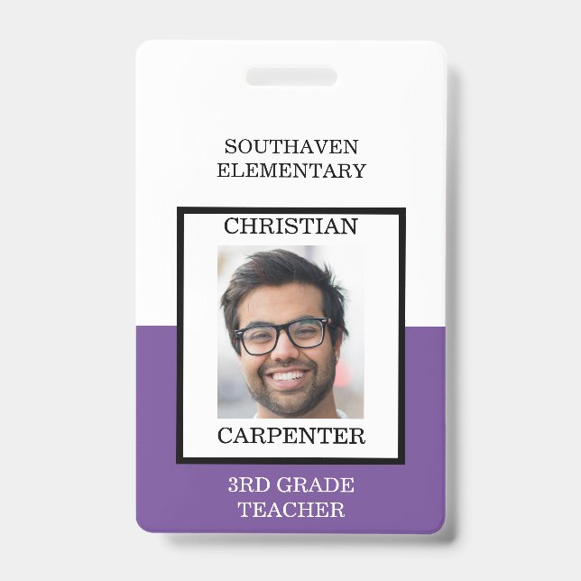 Purple and White School Photo Teacher ID Badge (Front)