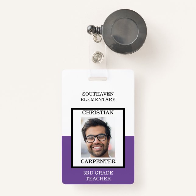 Purple and White School Photo Teacher ID Badge (Front with Retractable)