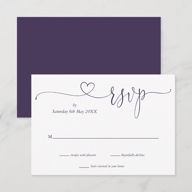 Purple And White Script Heart  RSVP Card (Front/Back)