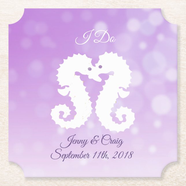 Purple and White Seahorse Wedding Coaster (Front)