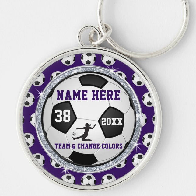 Purple and White Senior Gift Ideas for Soccer Key Ring (Front)
