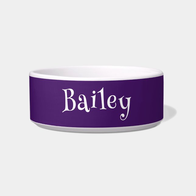Purple and White Simple Funny Name Cat Dog Bowl (Front)