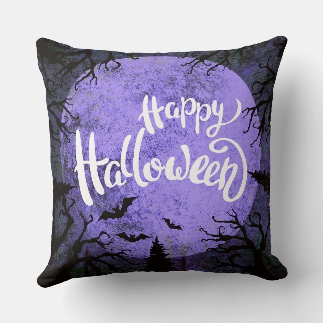 Purple and White Simple Happy Halloween Cushion (Back)