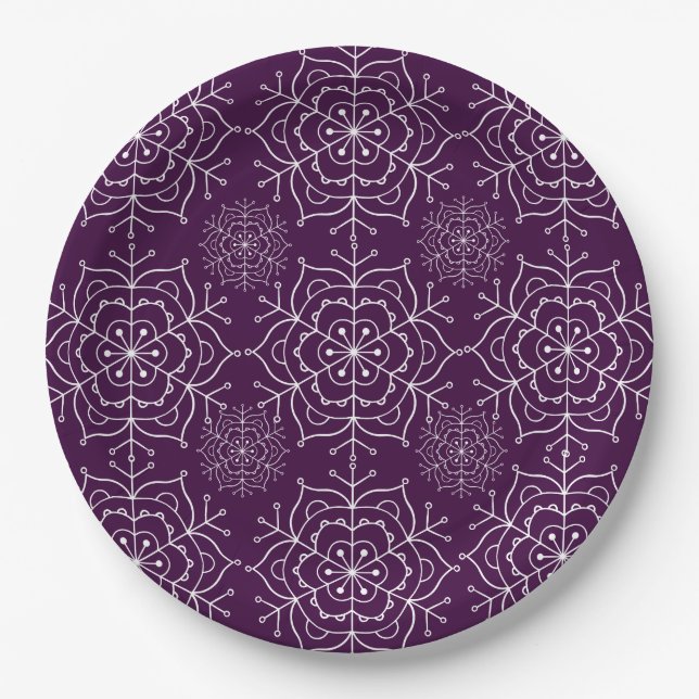 Purple and white snowflake Christmas paper plate (Front)