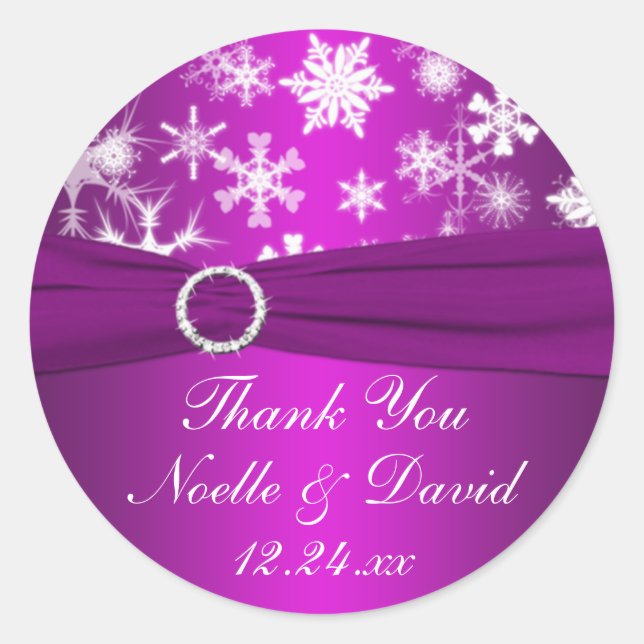 Purple and White Snowflakes Wedding Favour Sticker (Front)