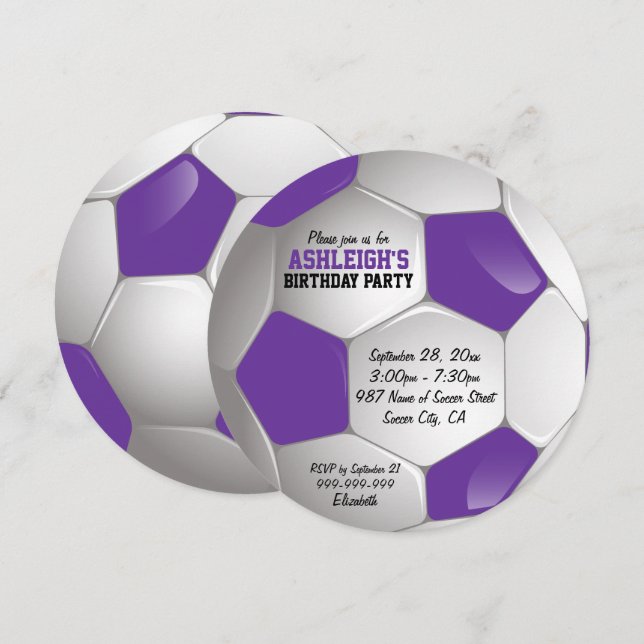 Purple and White Soccer Ball Birthday Party Invitation (Front/Back)