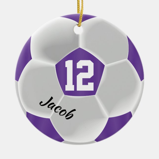 Purple and White Soccer Ball Ceramic Tree Decoration (Front)