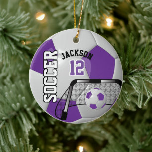 Purple and White Soccer Ball Ceramic Tree Decoration