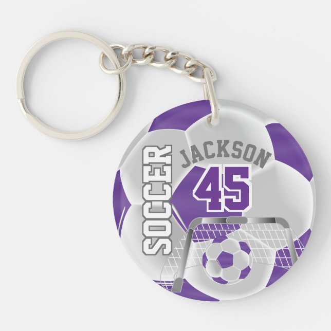 Purple and White Soccer ⚽ Ball  Sport Keychain (Front)