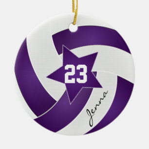 Purple and White Star Volleyball Ceramic Tree Decoration