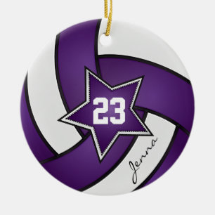 Purple and White Star 🏐 Volleyball Ceramic Tree Decoration