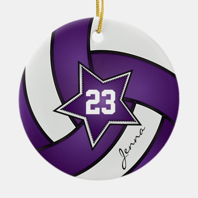 Purple and White Star 🏐 Volleyball Ceramic Tree Decoration (Front)