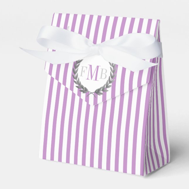 Purple and white stripes monogram wedding favour box (Front Side)