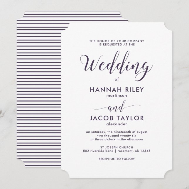 Purple and White Stripes with Calligraphy Wedding Invitation (Front/Back)