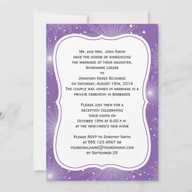 Purple and White Sunbursts Reception Only Invitation (Front)