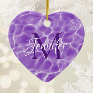 Purple and White Swimming Pool Photo Monogram Ceramic Tree Decoration