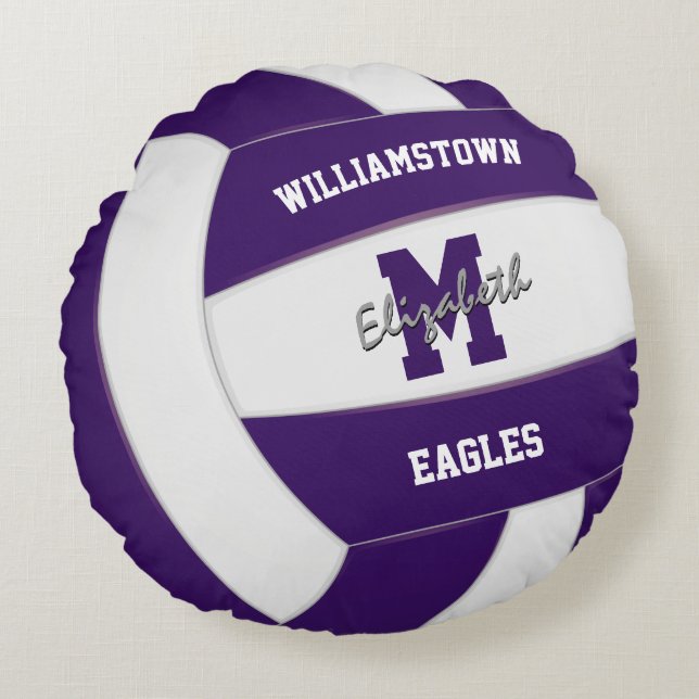 purple and white team colours realistic volleyball round cushion (Front)