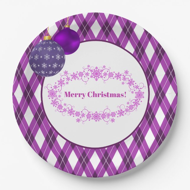 Purple and White Theme Merry Christmas Paper Plate (Front)