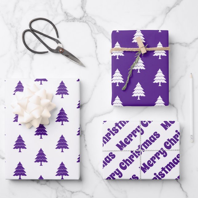 Purple and white trees Merry Christmas holiday Wrapping Paper Sheet (Front)