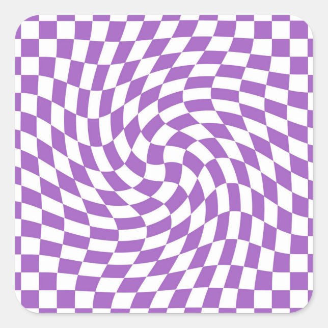 Purple and White Trendy Warped Chequered Pattern Square Sticker (Front)