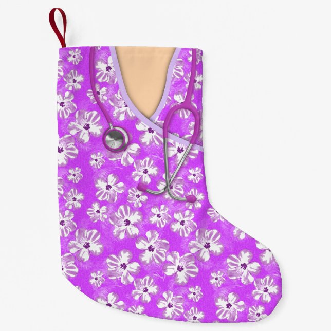 Purple And White Tropical Medical Scrubs Small Christmas Stocking (Front)