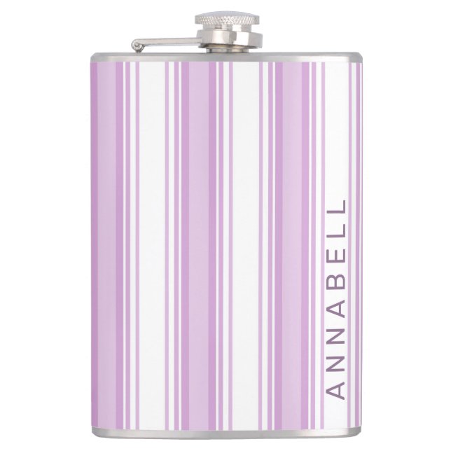 Purple and white vertical stripes custom name hip flask (Front)