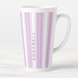 Purple and white vertical stripes custom name latte mug