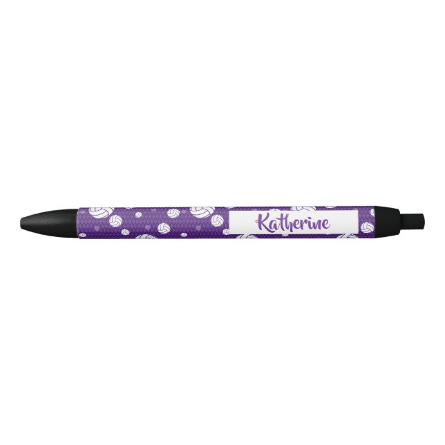 Purple and White Volleyball Pattern Black Ink Pen (Front)