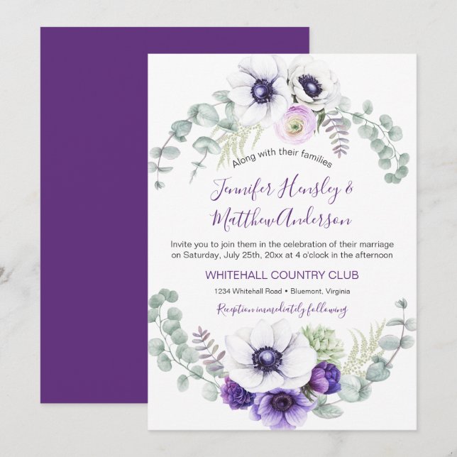 Purple and White Watercolor Floral Wedding | Invitation (Front/Back)