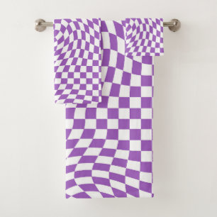 Purple and White Waved Chequered Chequerboard  Bath Towel Set