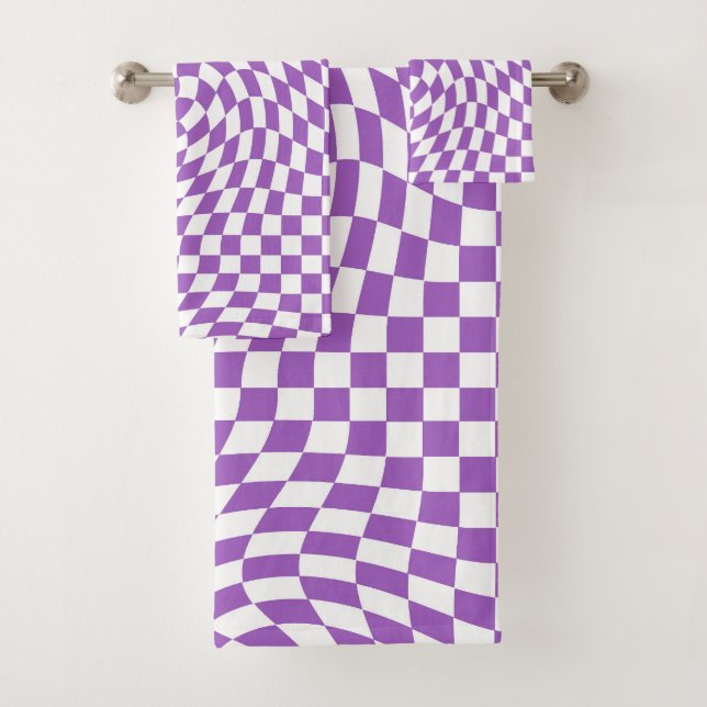 Purple and White Waved Chequered Chequerboard  Bath Towel Set (Insitu)