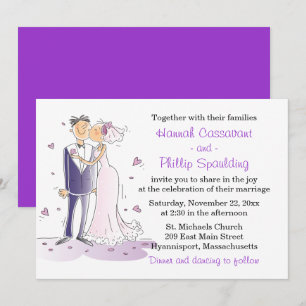 Purple And White Wedding Cartoon Bride & Groom Invitation