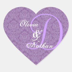 Purple and White Wedding Damask Monogram D Sticker