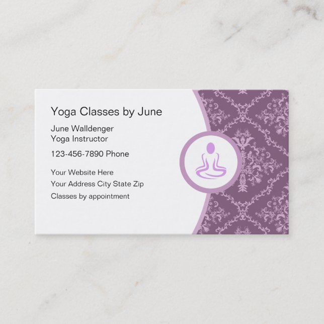 Purple And White Yoga Class Business Cards (Front)