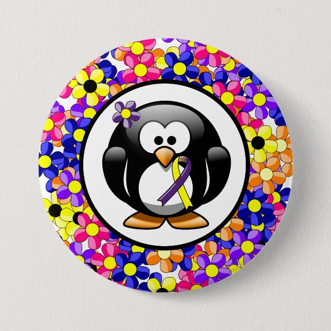 Purple and Yellow Awareness Ribbon Penguin 7.5 Cm Round Badge (Front)