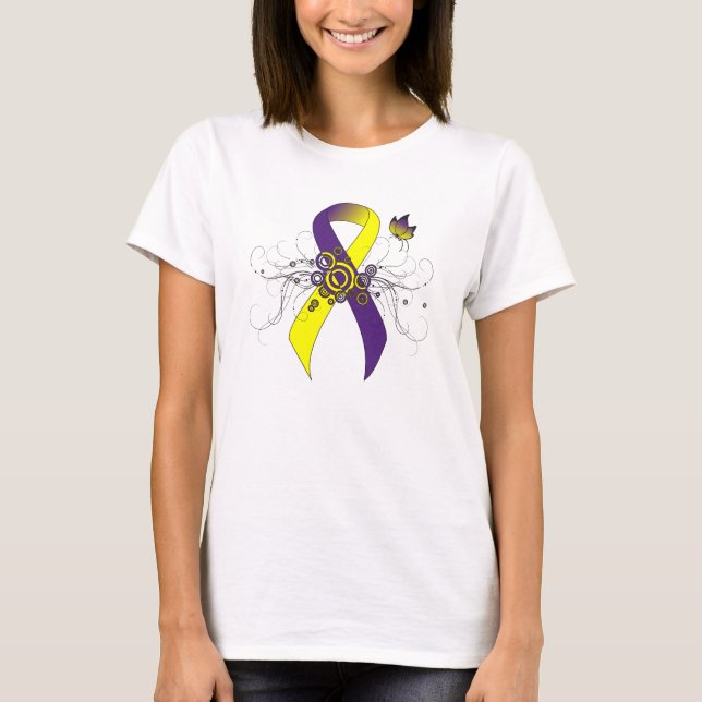 Purple and Yellow Awareness Ribbon with Butterfly T-Shirt (Front)