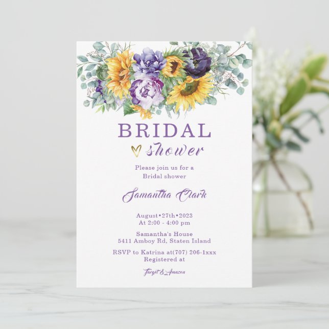 Purple and Yellow Bridal Shower  Invitation (Standing Front)
