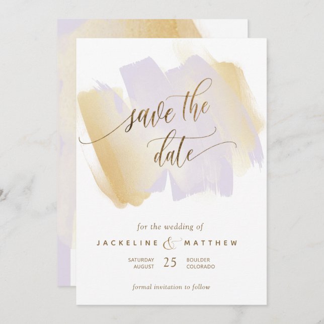 Purple and Yellow Brush Strokes, Minimal Wedding Save The Date (Front/Back)