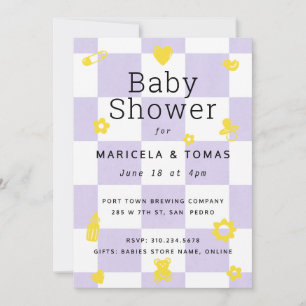 Purple and Yellow Chequered Baby Shower Invitation