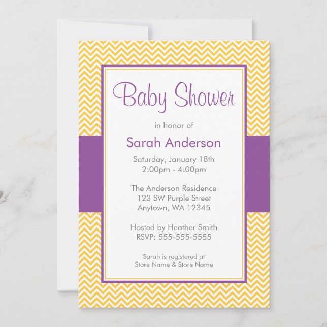 Purple and Yellow Chevron Baby Shower Invitation (Front)