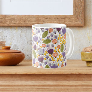 Purple and Yellow Decorative Floral Design Pattern Coffee Mug