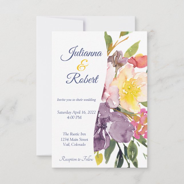 Purple and yellow floral budget wedding invitation (Front)