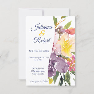 Purple and yellow floral budget wedding invitation