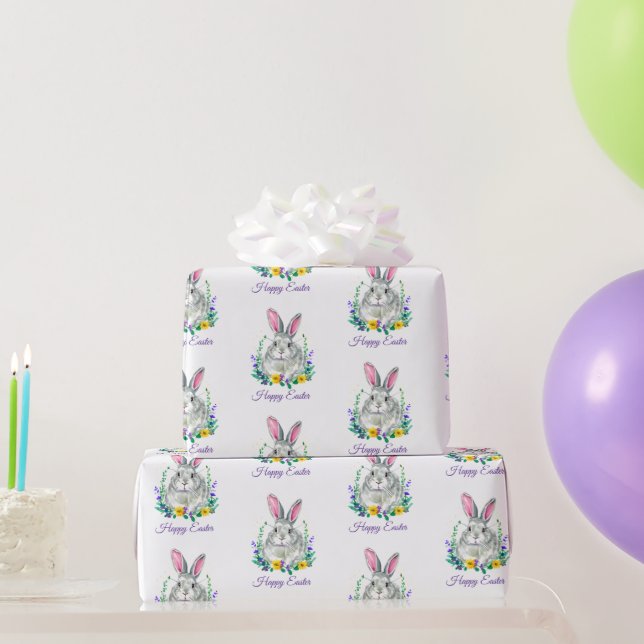 Purple and yellow floral bunny Happy Easter Wrapping Paper (Party Gifts)