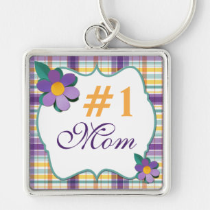 Purple and Yellow Floral on Plaid #1 Mum Keychain