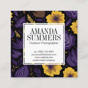 Purple and Yellow Floral Pattern Square Business Card