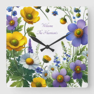 Purple and yellow flower customise text square wall clock